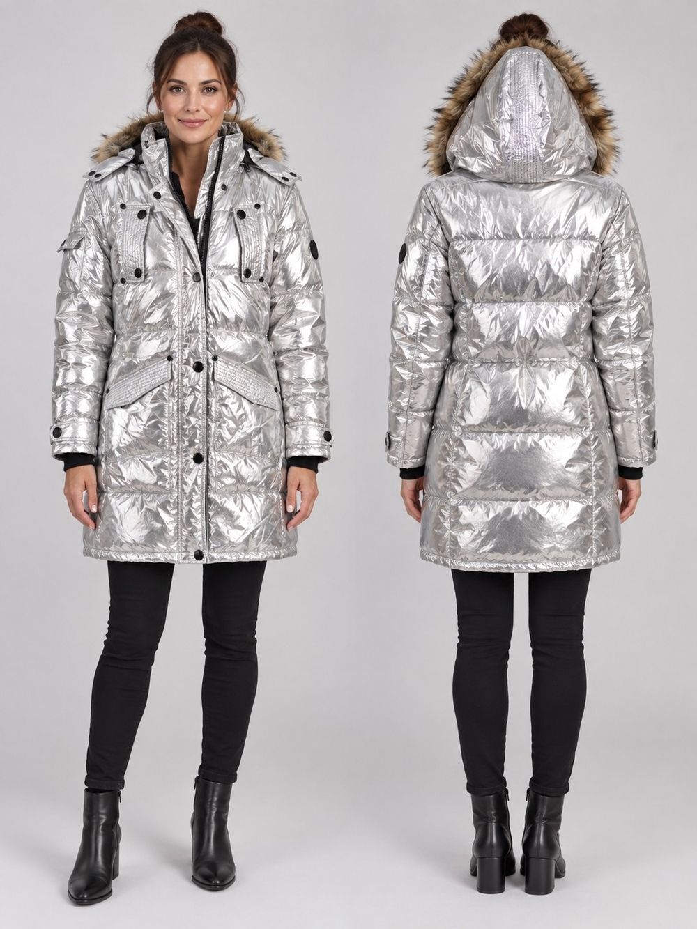 Medium - Women's Metallic Silver Quilted Hooded Puffer Coat with Faux-Fur Trim - Image 2