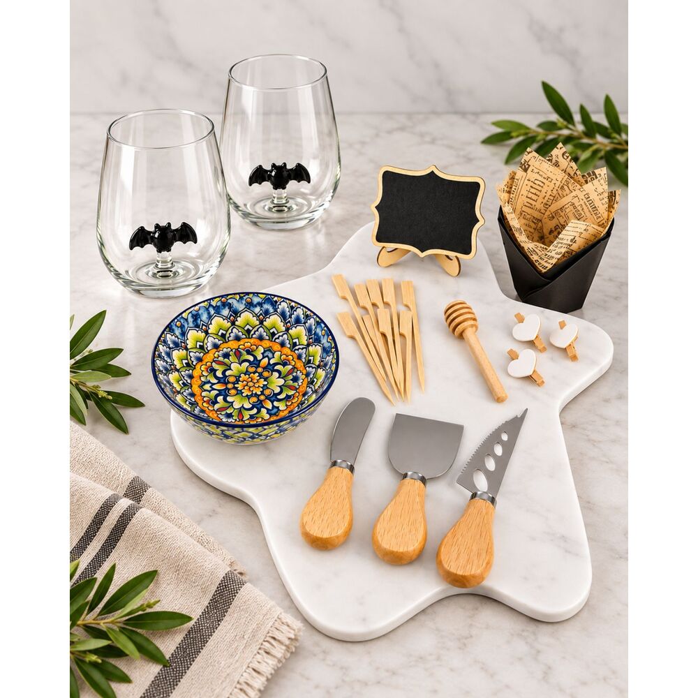 Halloween Ghost Marble Charcuterie Set + 2 Bat Wine Glasses - Image 1