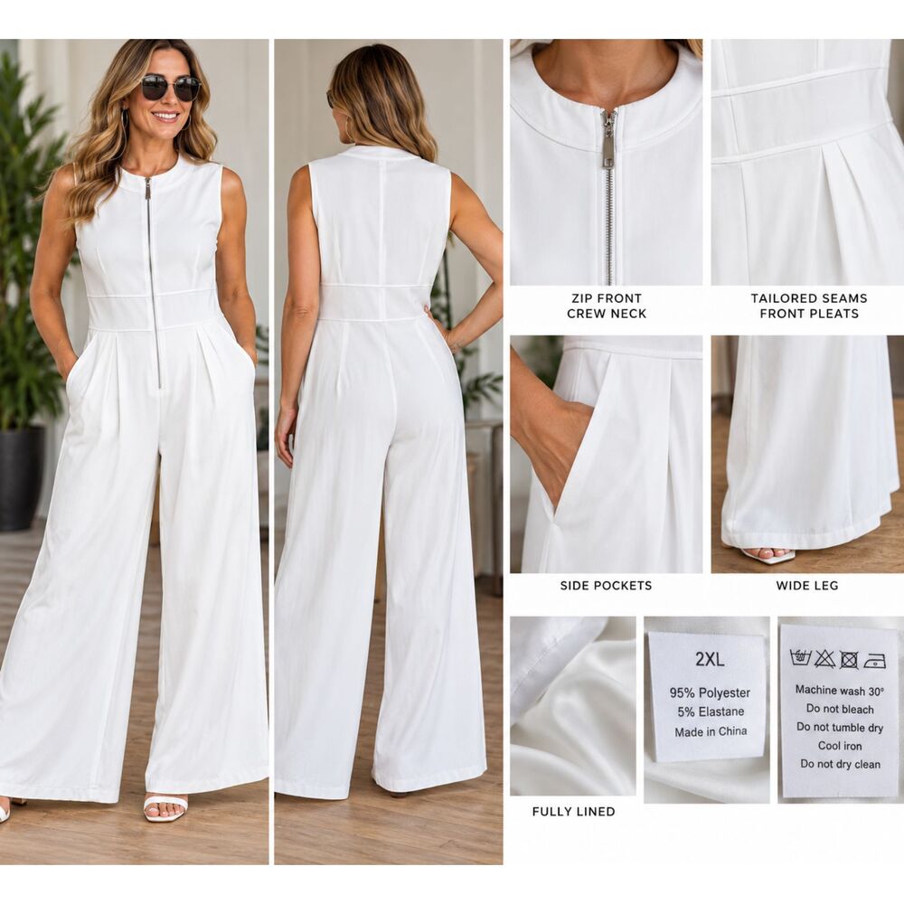 White Zip-Front Wide-Leg Jumpsuit – Fully Lined, 2XL NWOT - Image 1
