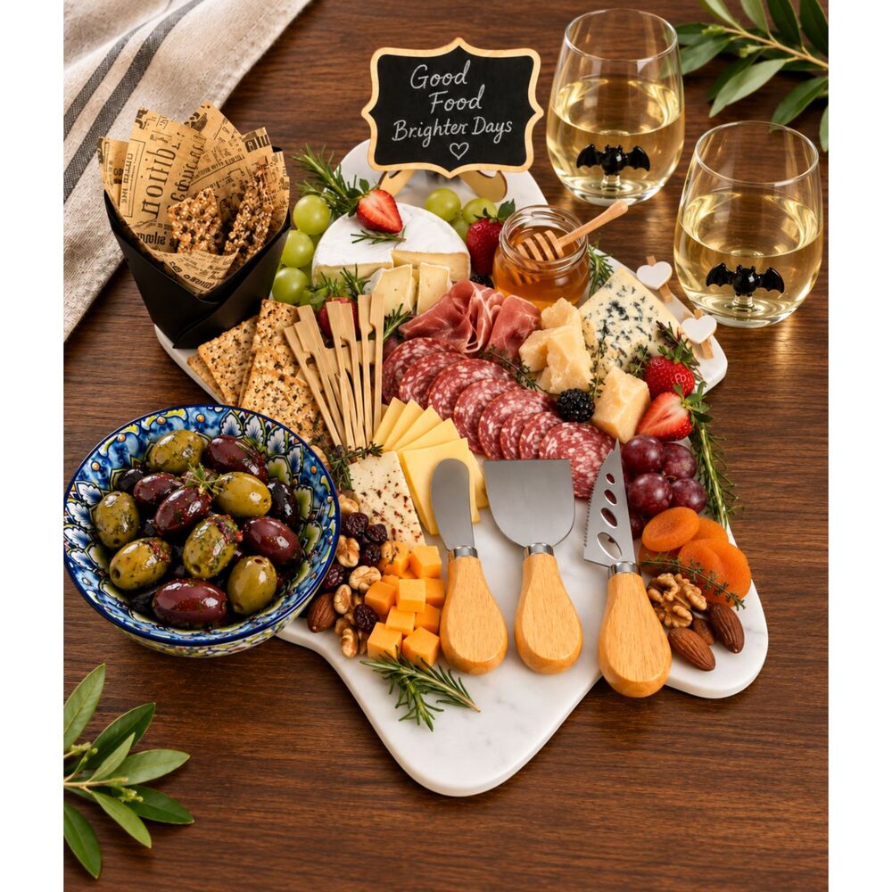 Halloween Ghost Marble Charcuterie Set + 2 Bat Wine Glasses - Image 2