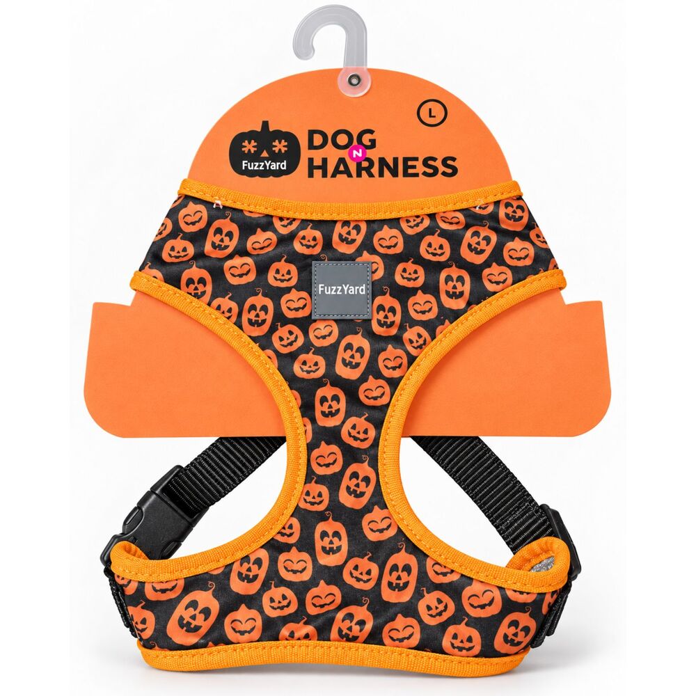 FuzzYard Pumpkin Print Dog Harness – Black & Orange Halloween Size Small - Image 2