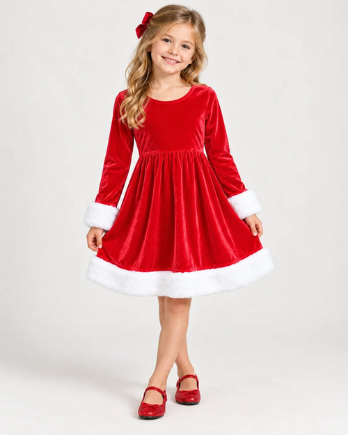 Girls’ Red Velvet Christmas Dress with White Trim – Size M (7–8) - Image 1