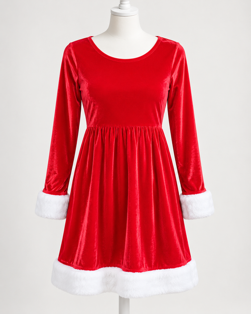 Girls’ Red Velvet Christmas Dress with White Trim – Size M (7–8)