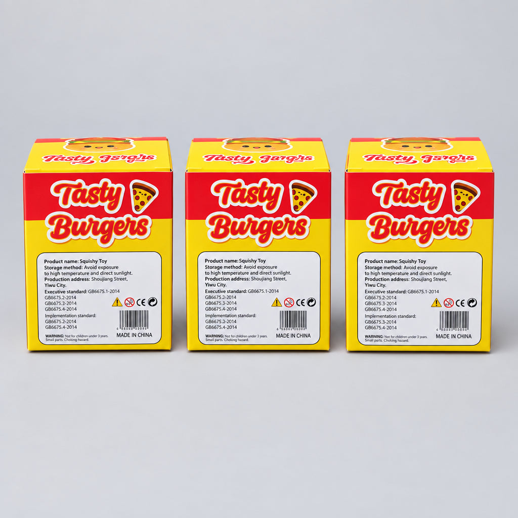Three My Store Tasty Burgers slow-rebound squishy toy boxes featuring red and yellow branding on a kitchen counter.