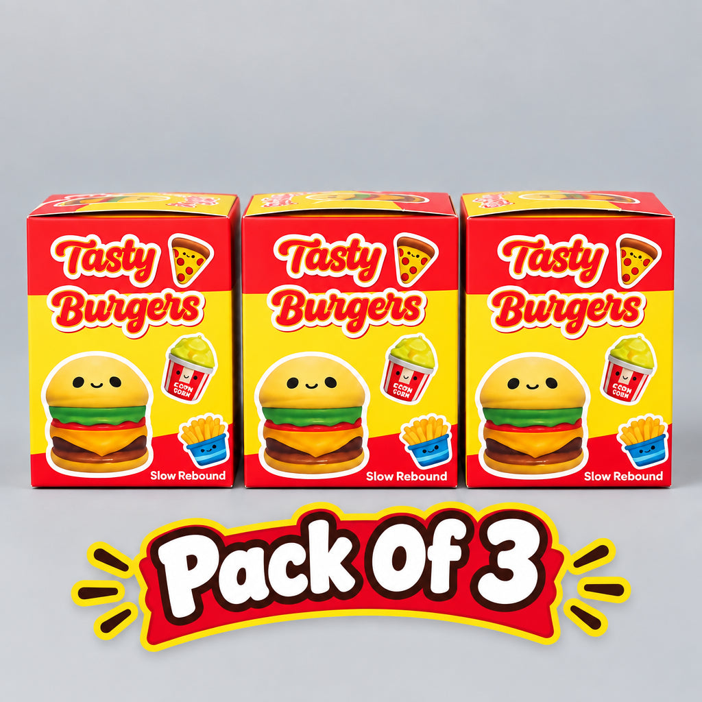 Three My Store Tasty Burgers slow-rebound squishy toy boxes featuring cute burger illustrations on a kitchen counter.
