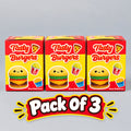 Three My Store Tasty Burgers slow-rebound squishy toy boxes featuring cute burger illustrations on a kitchen counter.