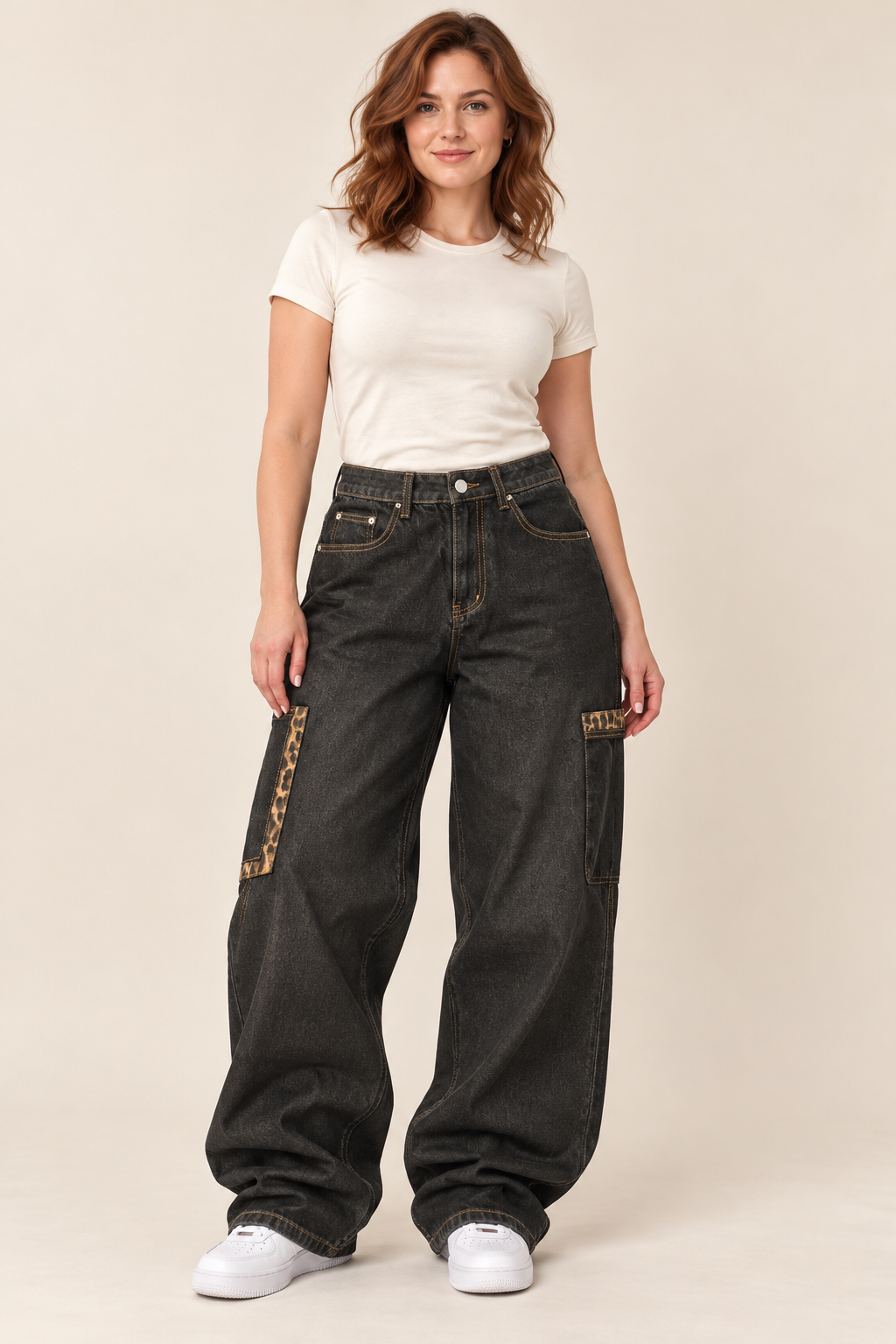 Baggy Barrel Jeans Leopard Print Patchwork Wide Leg Dark Denim - Large - Image 1