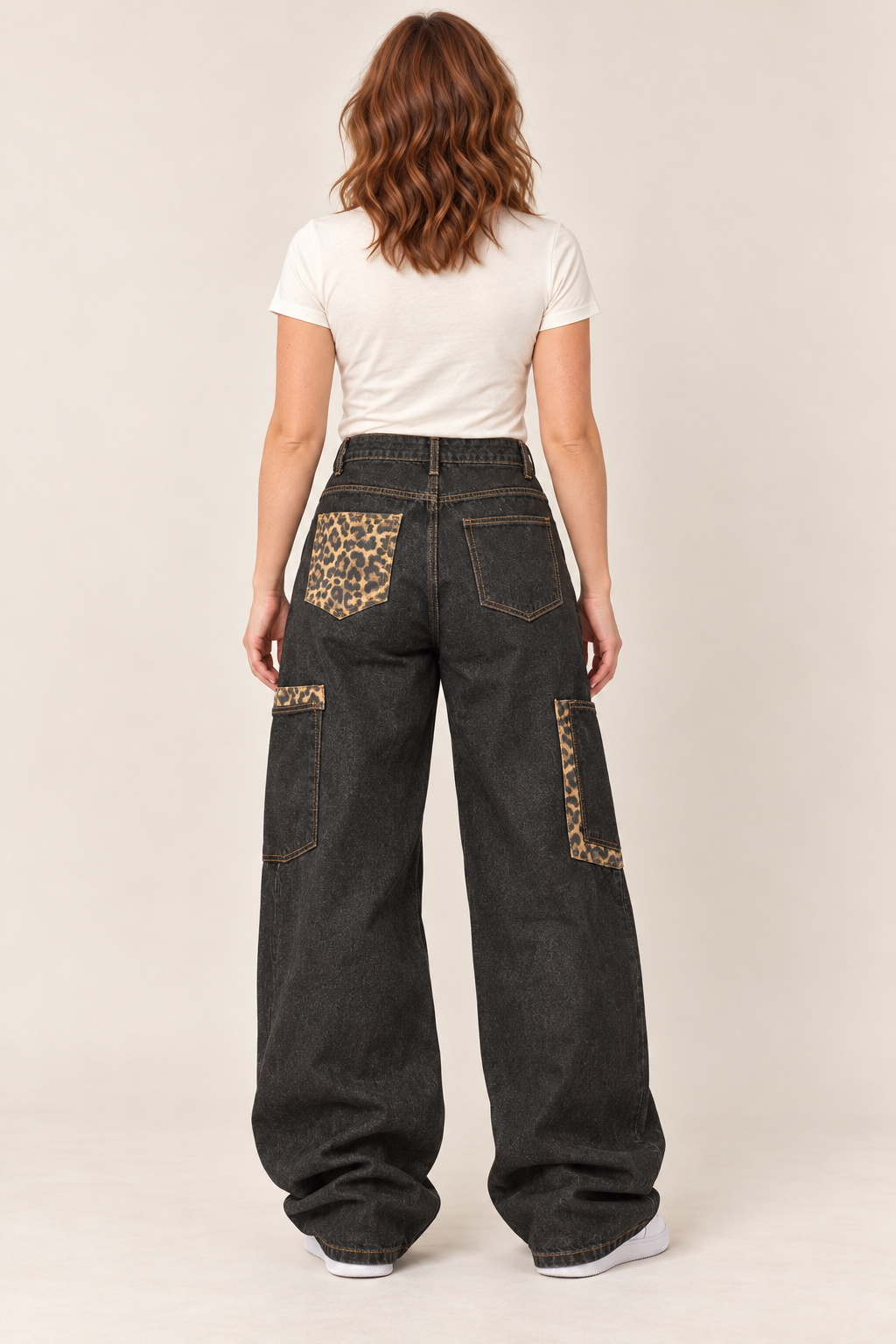 Baggy Barrel Jeans Leopard Print Patchwork Wide Leg Dark Denim - Large - Image 2