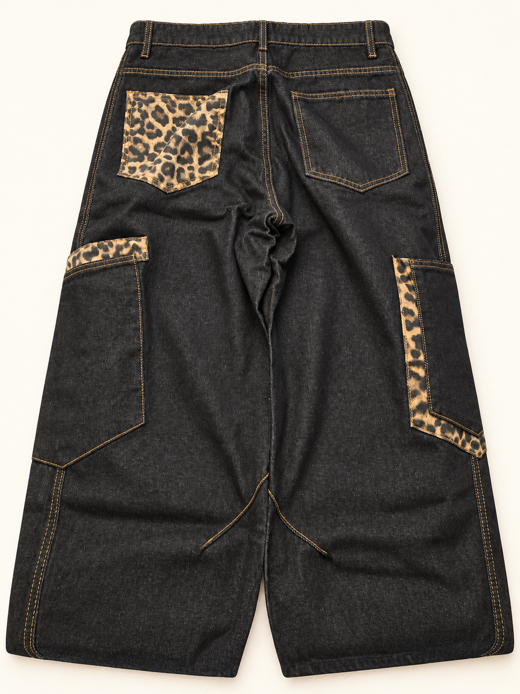 Baggy Barrel Jeans Leopard Print Patchwork Wide Leg Dark Denim - Large - Image 3