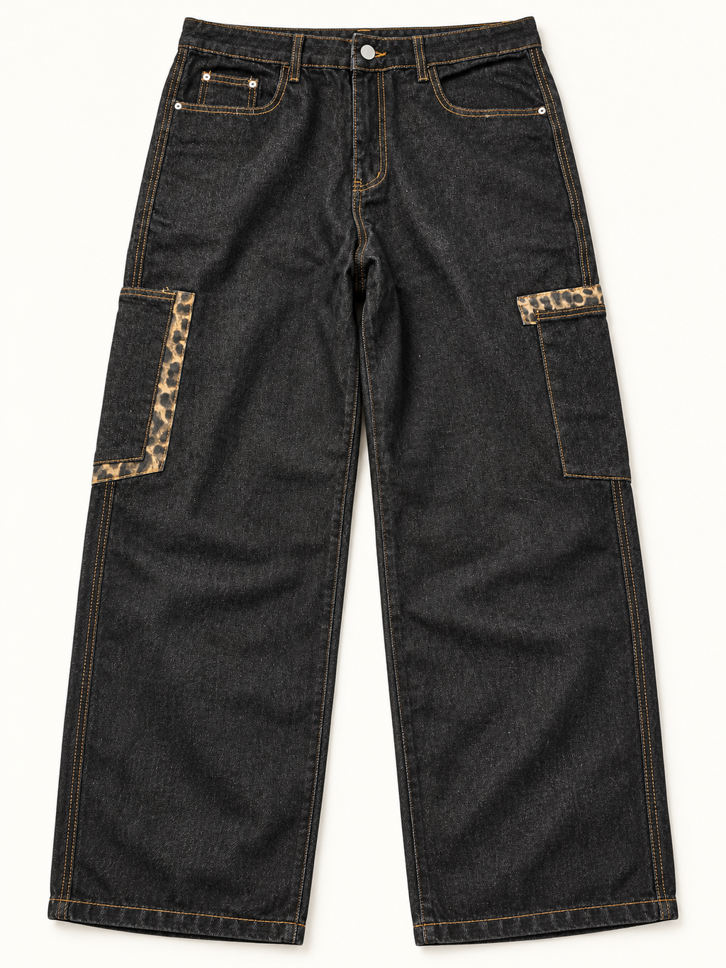 Baggy Barrel Jeans Leopard Print Patchwork Wide Leg Dark Denim - Large - Image 4