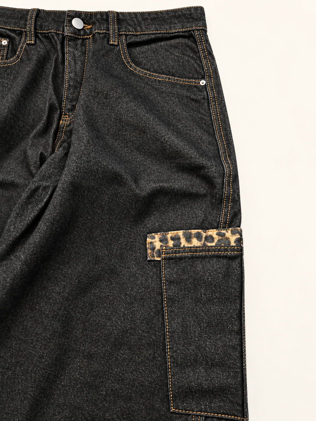 Baggy Barrel Jeans Leopard Print Patchwork Wide Leg Dark Denim - Large - Image 5