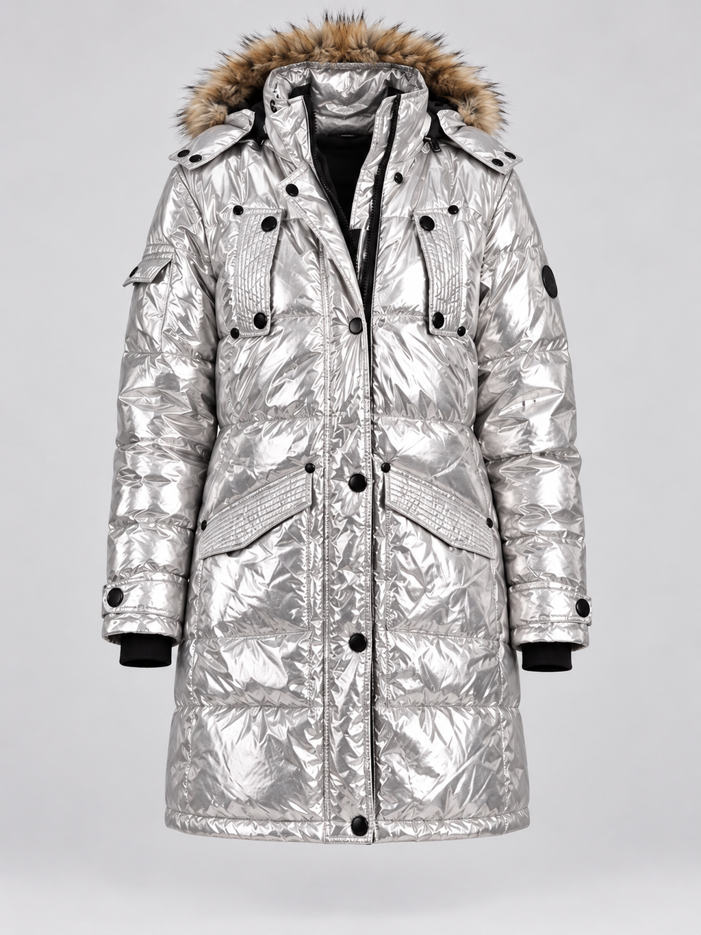 Medium - Women's Metallic Silver Quilted Hooded Puffer Coat with Faux-Fur Trim - Image 1