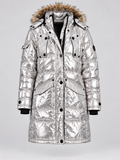 Medium - Women's Metallic Silver Quilted Hooded Puffer Coat with Faux-Fur Trim - Image 1