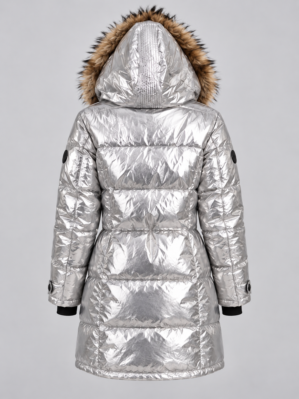 Medium - Women's Metallic Silver Quilted Hooded Puffer Coat with Faux-Fur Trim - Image 3