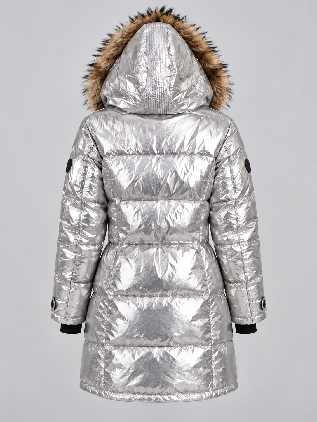 Medium - Women's Metallic Silver Quilted Hooded Puffer Coat with Faux-Fur Trim - Image 3